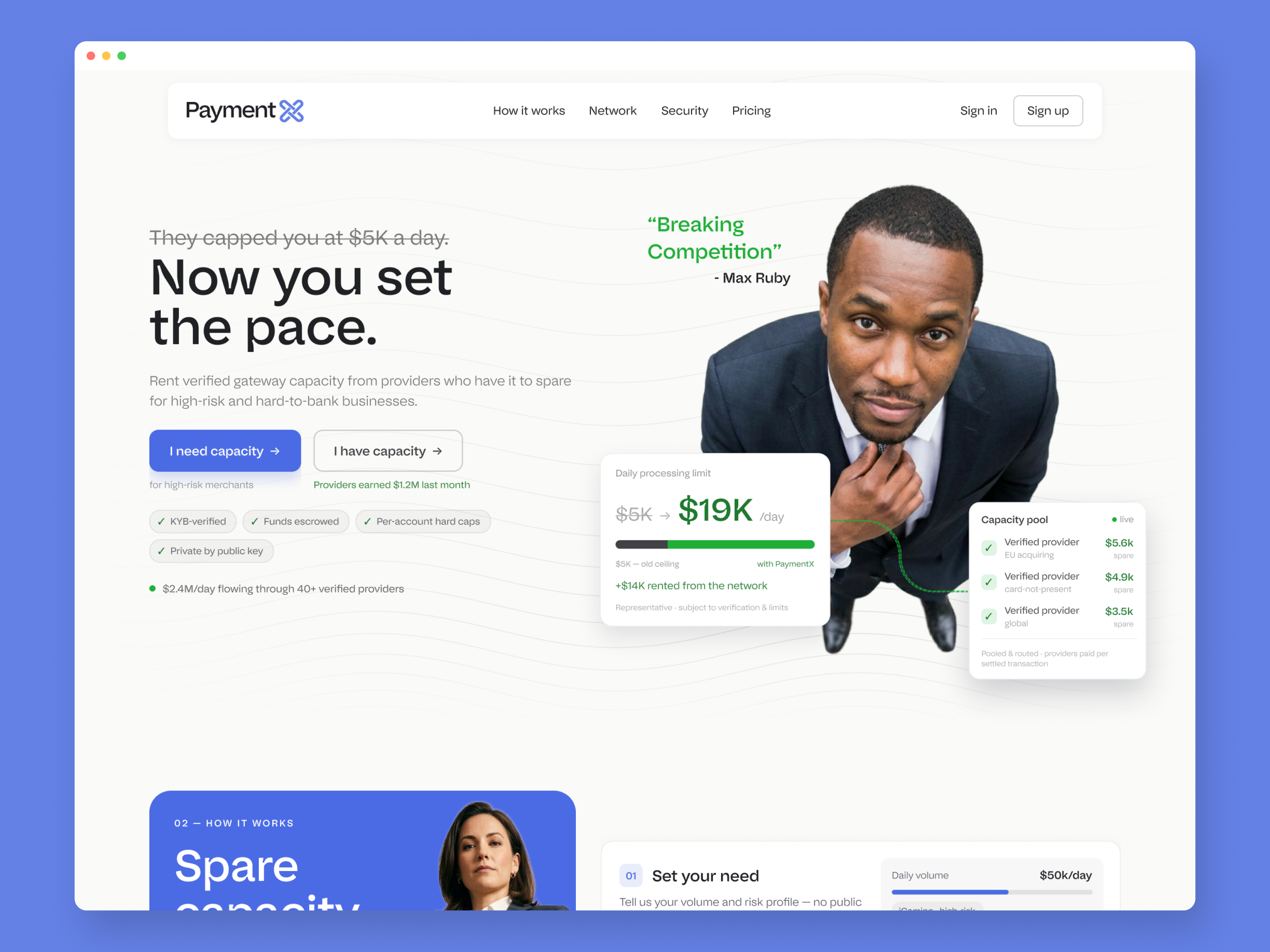 The PaymentX landing page as designed: the real hero, staged in a browser