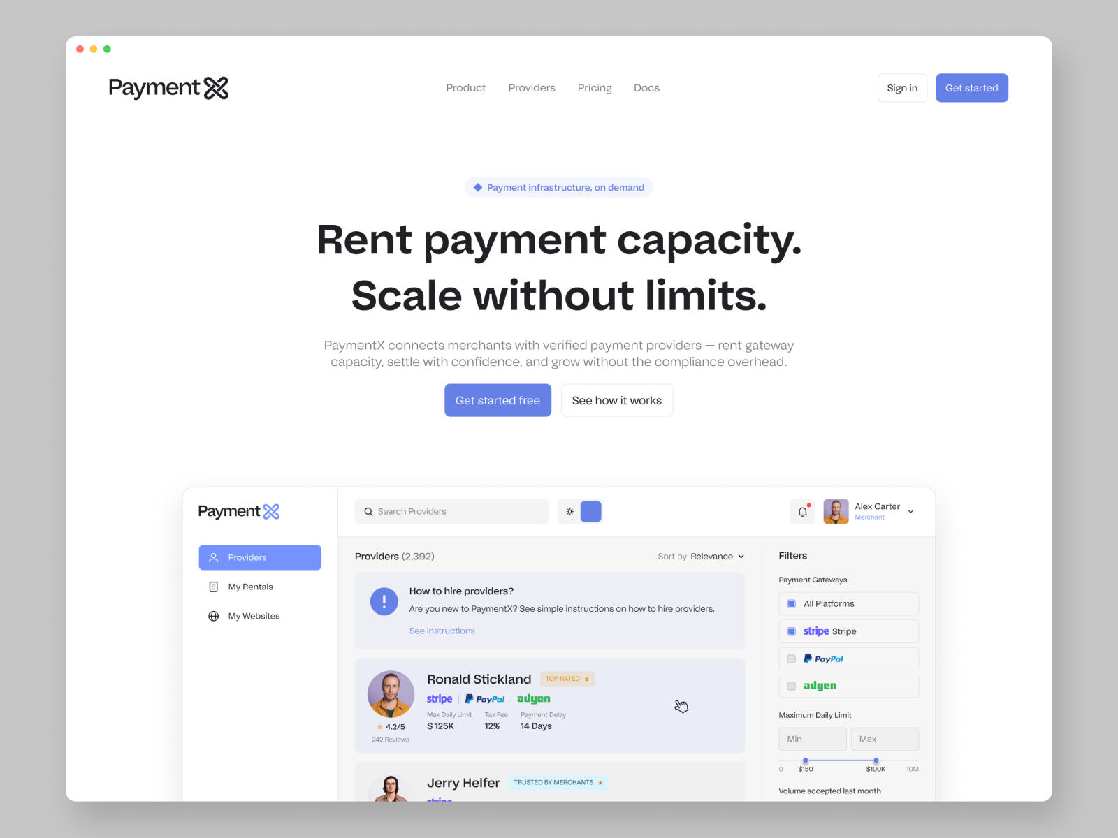 The PaymentX landing page as an AI build ships it: generic hero, grey blocks, no voice