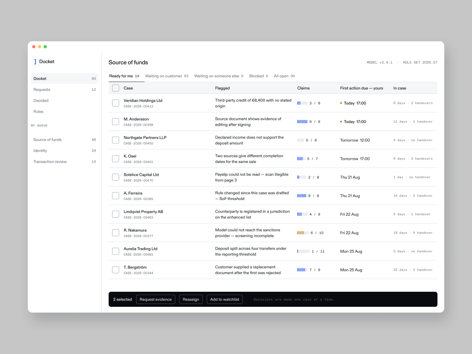 The Docket case queue before the redesign