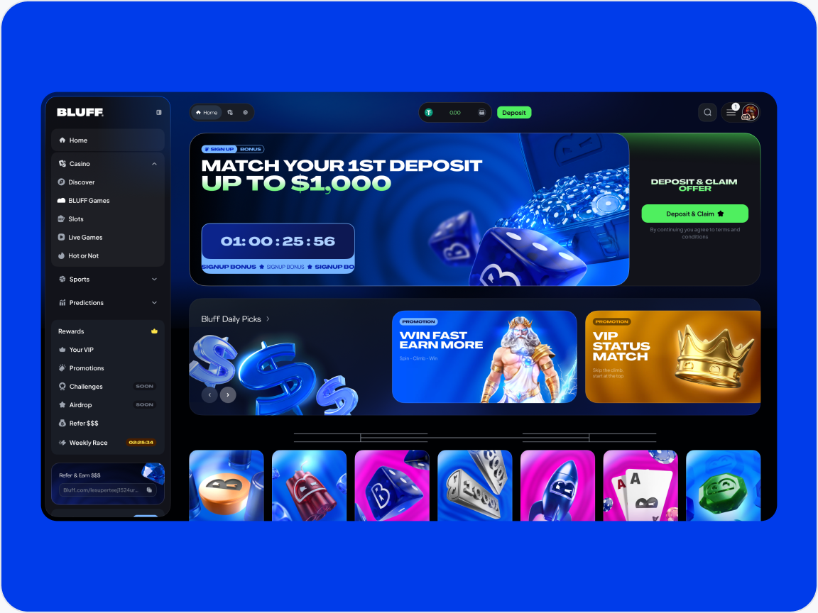 BLUFF: casino home screen with deposit banner and games row