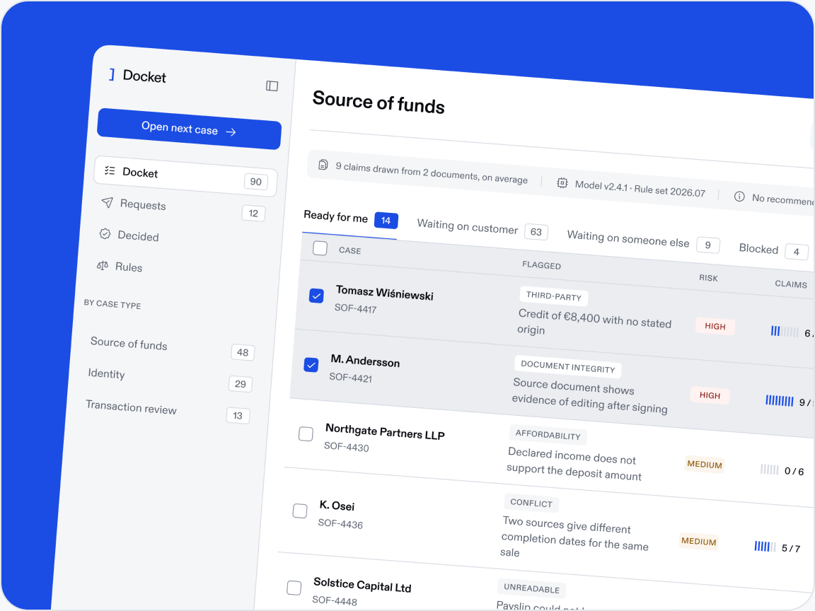Docket: AML source-of-funds review console, queue and review screens