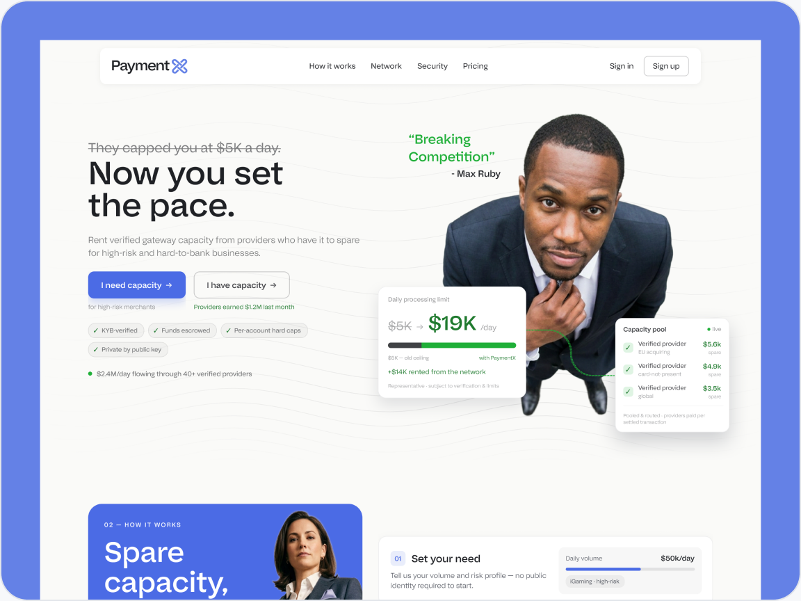 PaymentX: marketing site hero with capacity marketplace screens