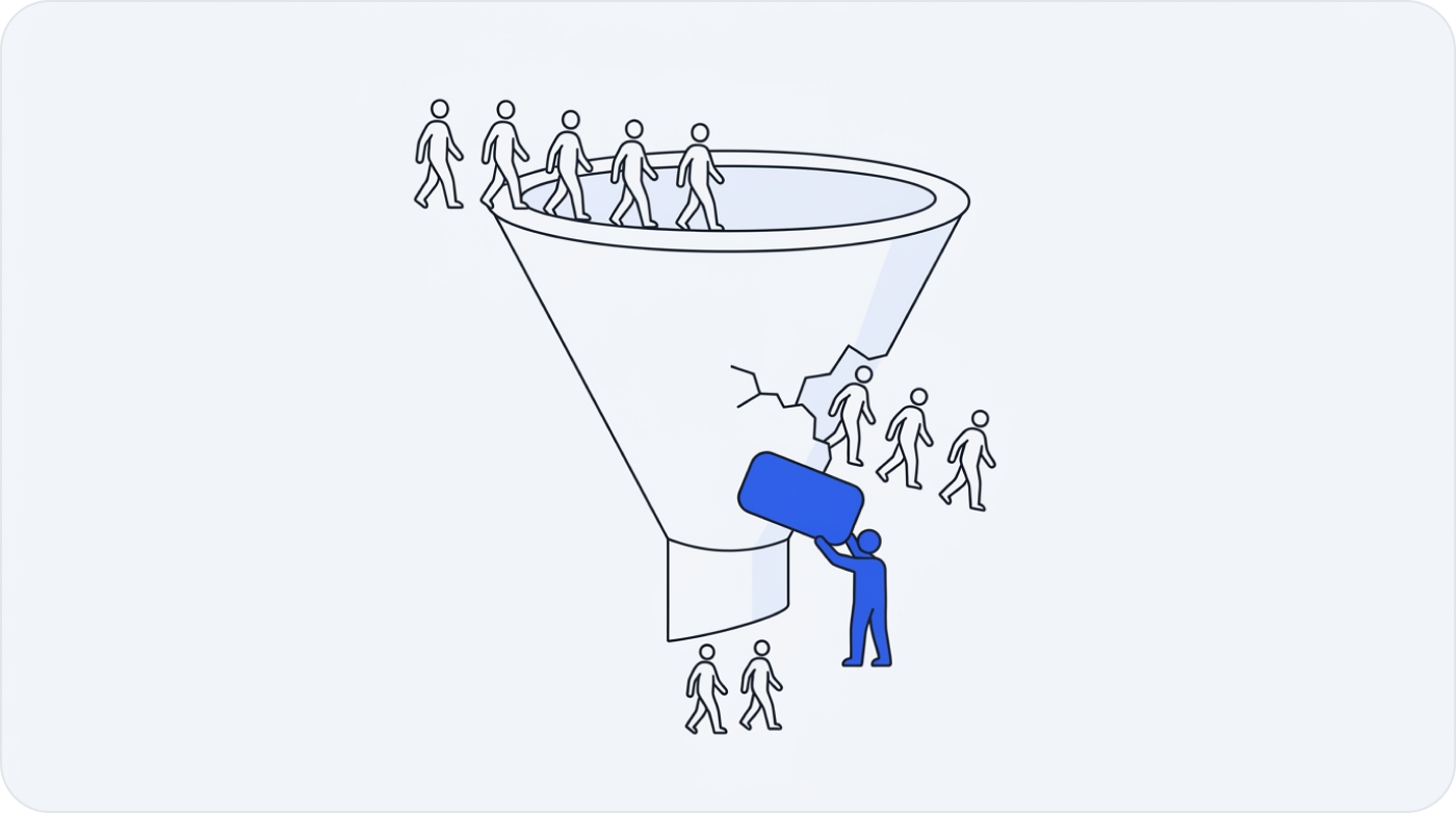 A funnel with visitors walking in at the top and leaking out through a crack a designer is patching