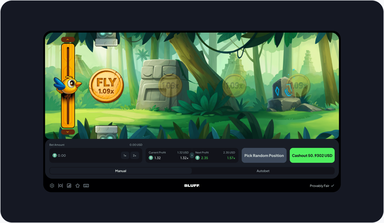 Flappy Fortune mid-game: profit, next-tile profit and cashout