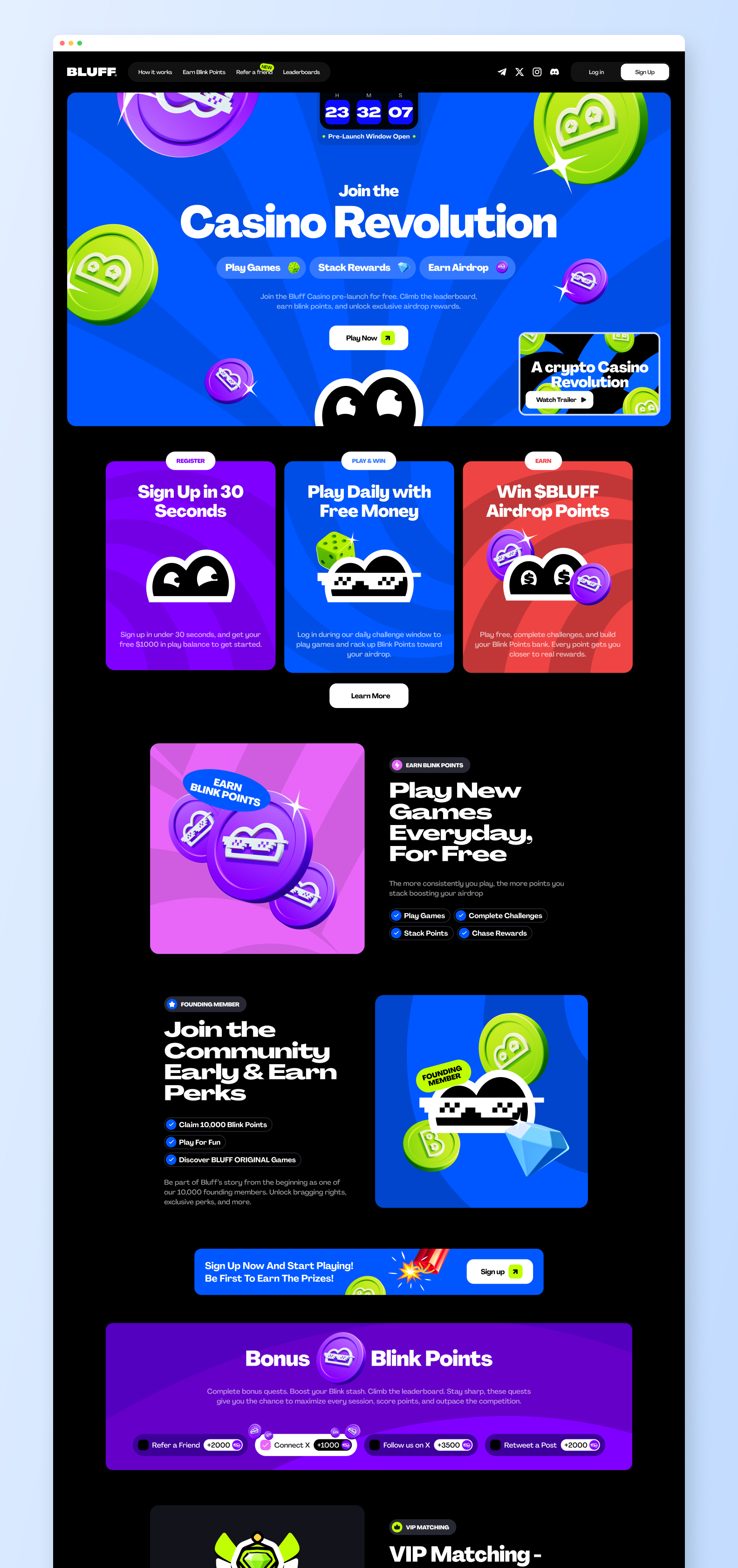 The pre-launch landing page, upper half: hero, urgency, Blink Points, community perks