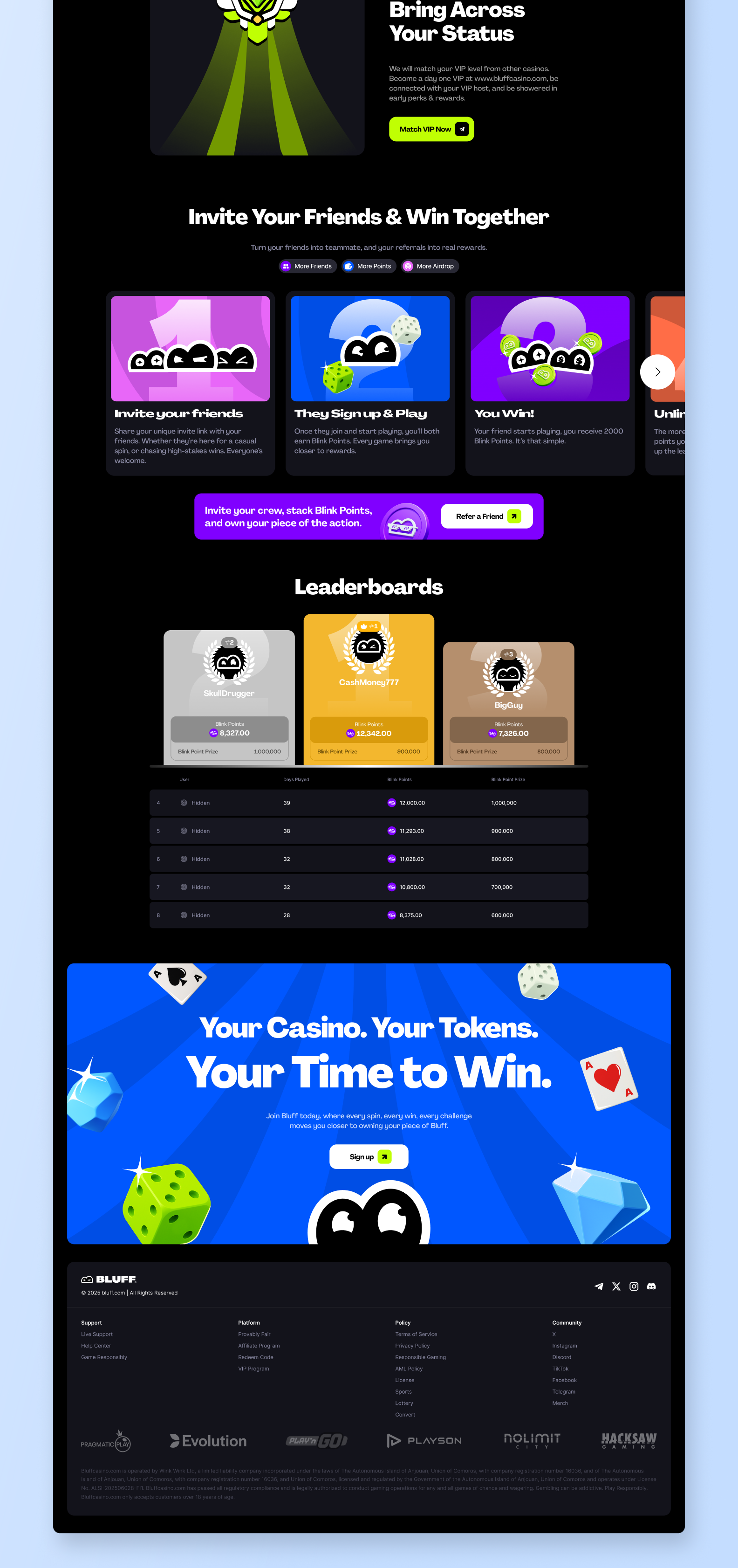 The pre-launch landing page, lower half: VIP matching, referrals, leaderboards and the closing pitch