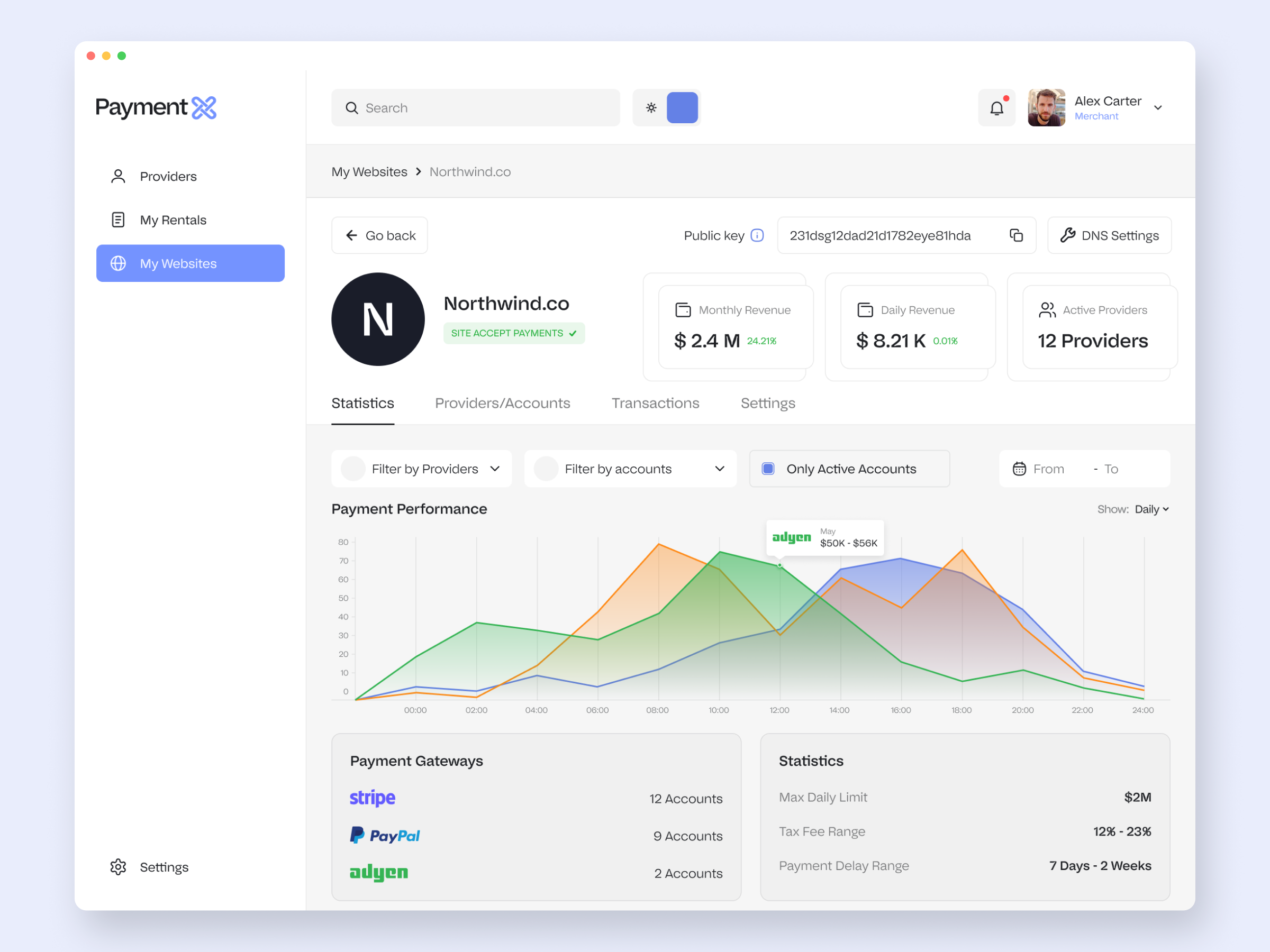 The merchant's website room: revenue, providers and payment performance for one site