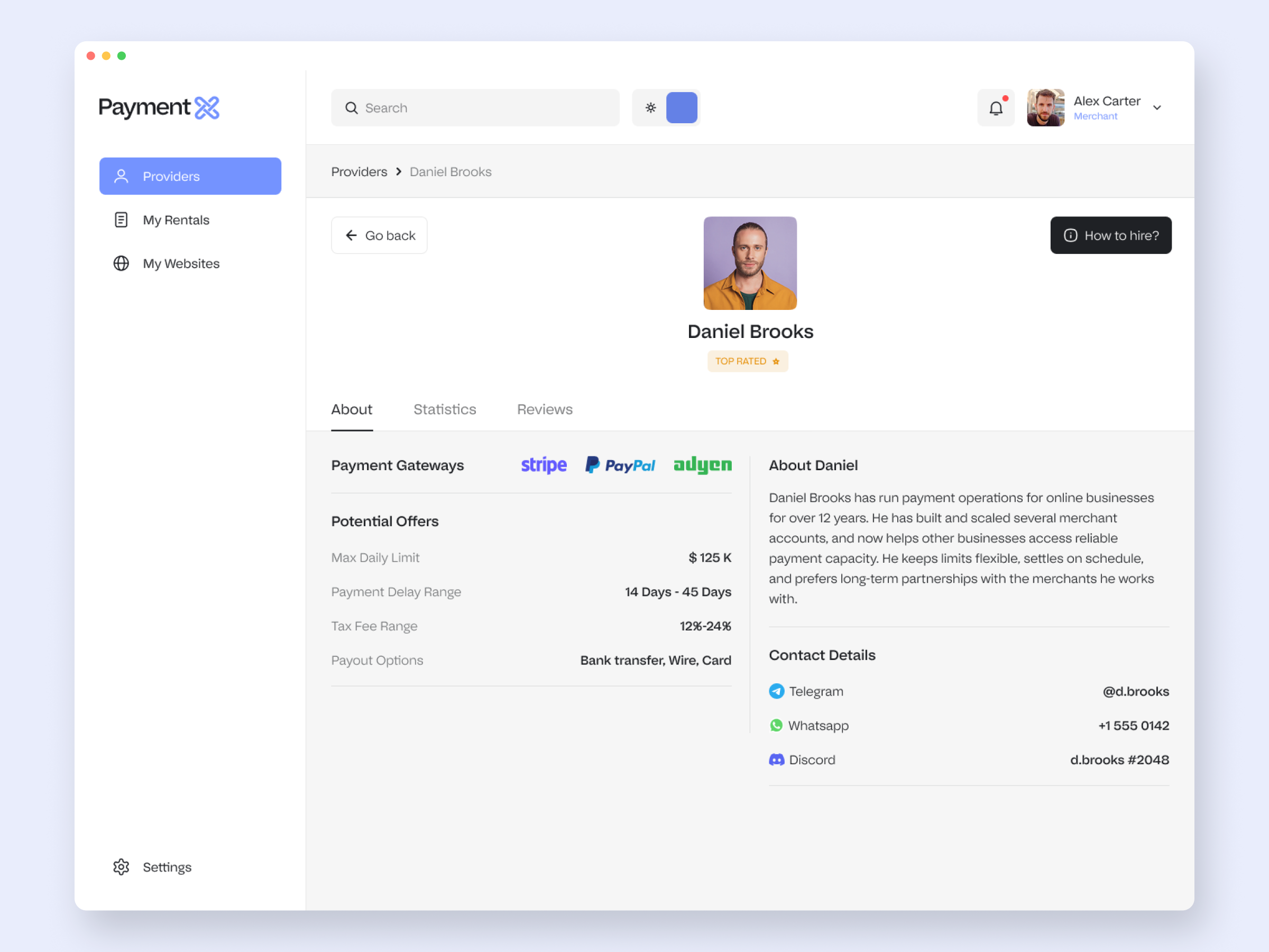 A provider profile: gateways, potential offers and contact details