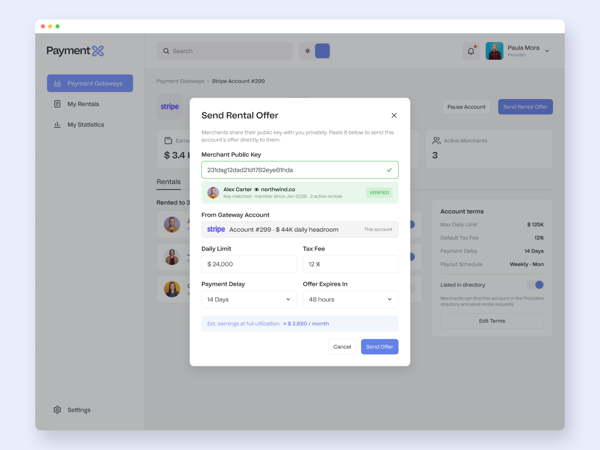 The Send Rental Offer modal, with the merchant verified by public key