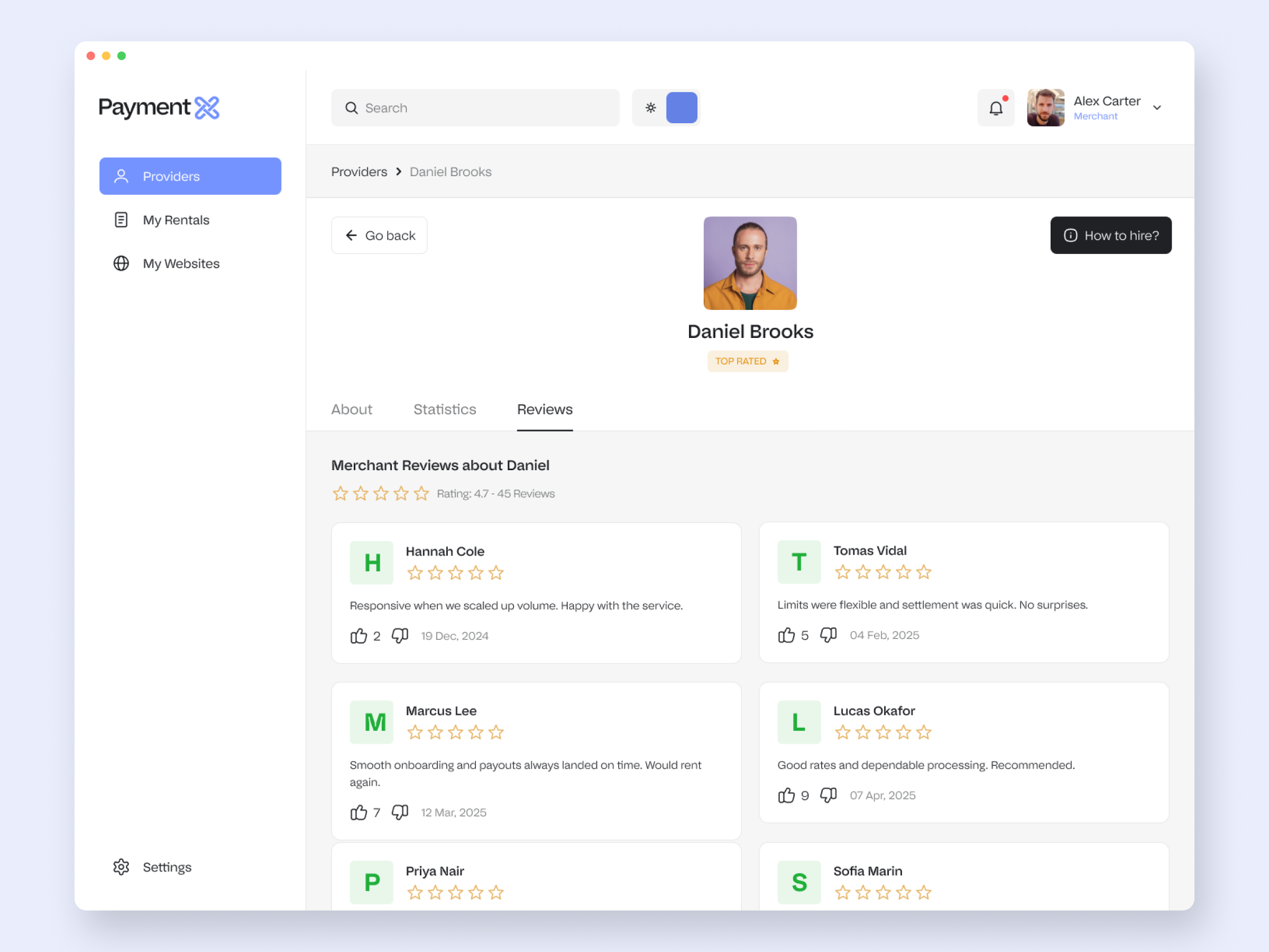The provider object, rendered: profile with reviews