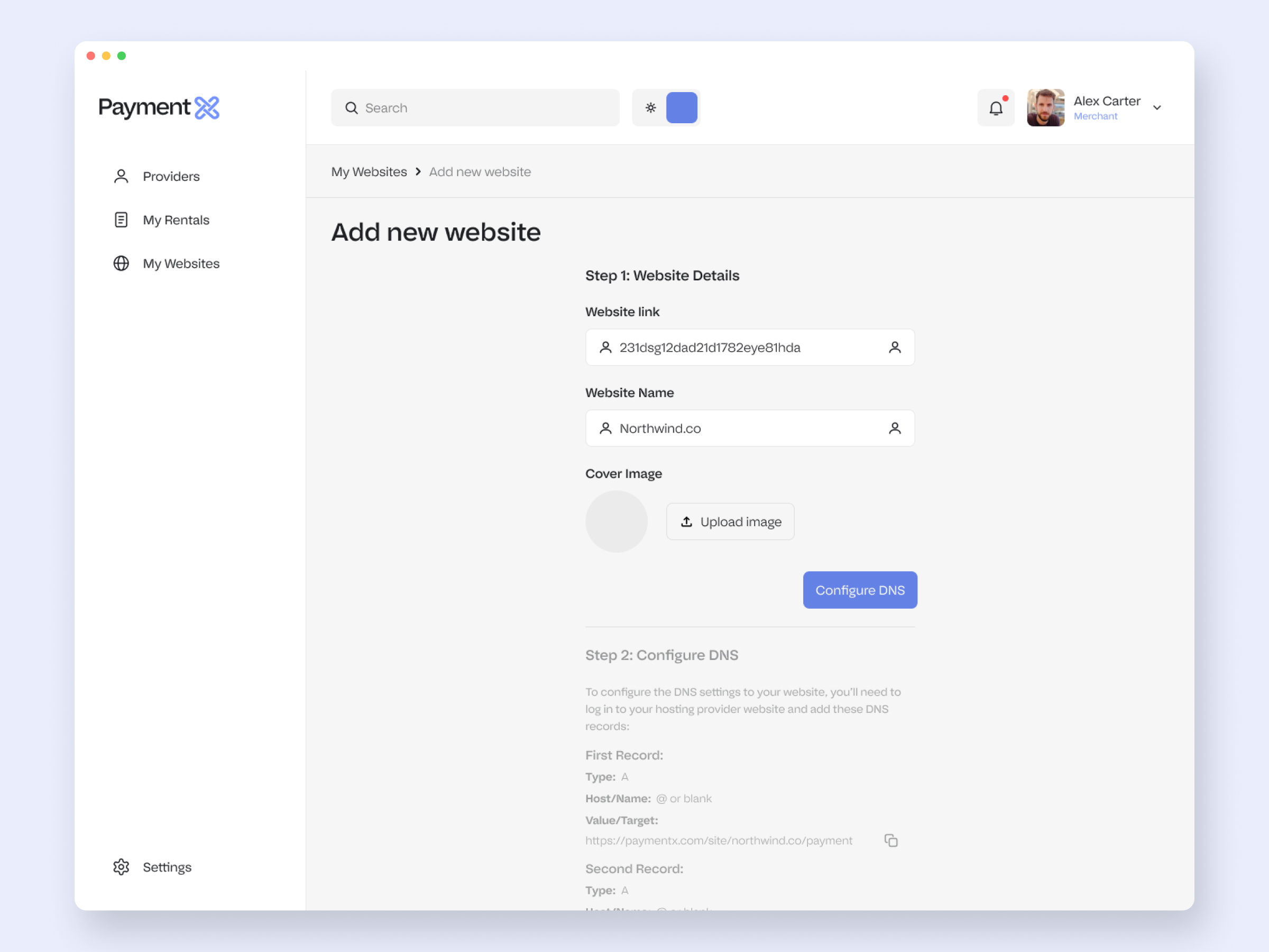 The website object, rendered: add a website, point its DNS