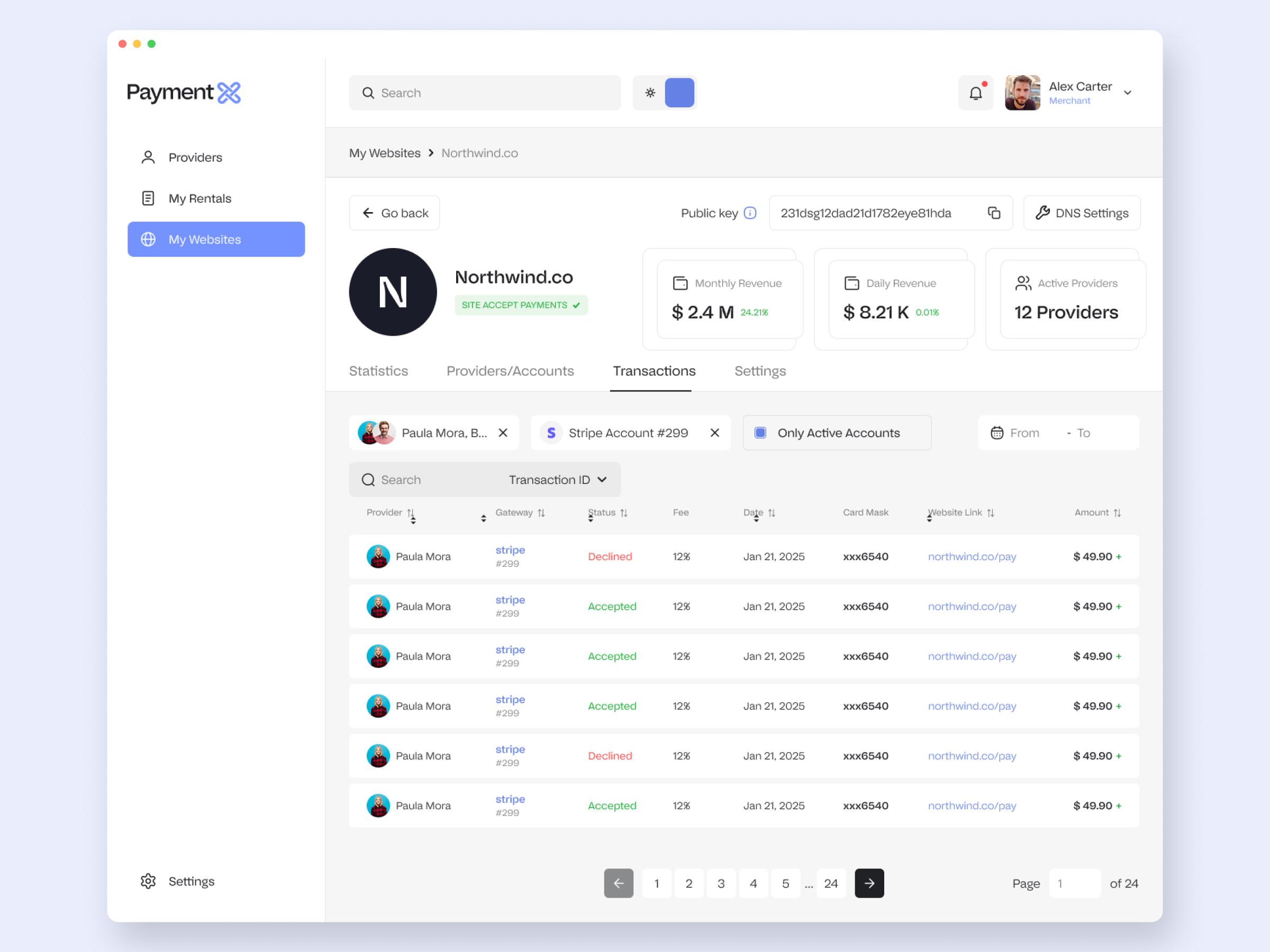 The transaction ledger where every refund lives in flow: accepted and declined, filterable