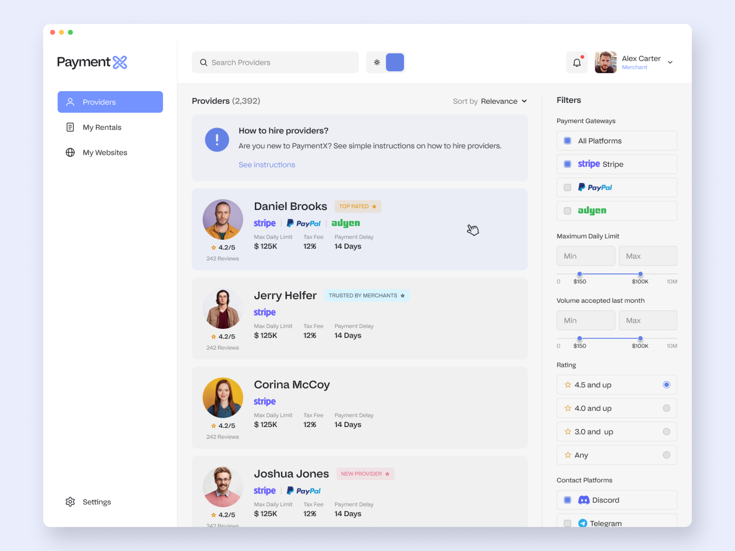 The provider directory: ratings, limits and processor badges first, price last