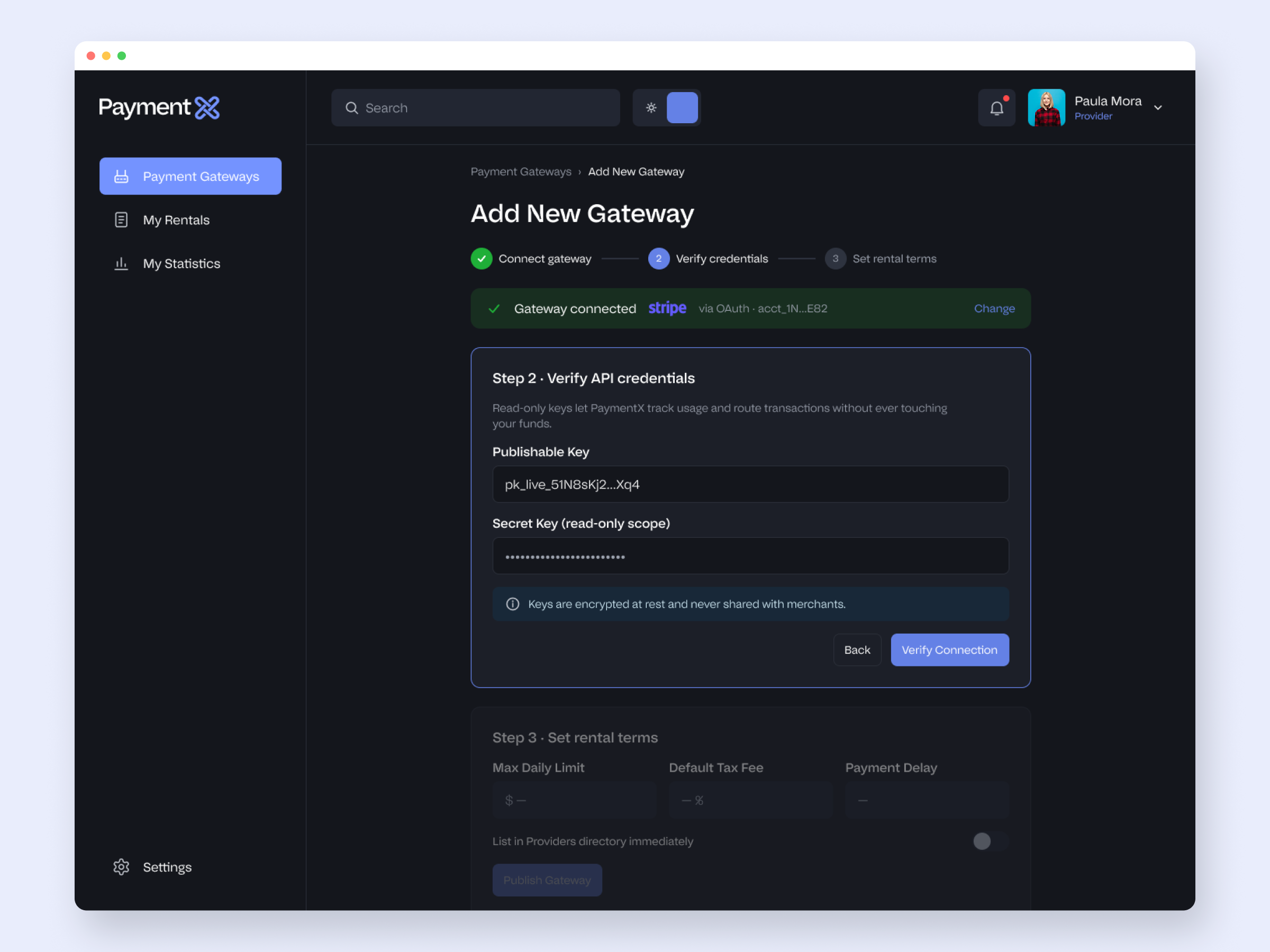 Adding a gateway in dark mode: connect, verify read-only credentials, set terms