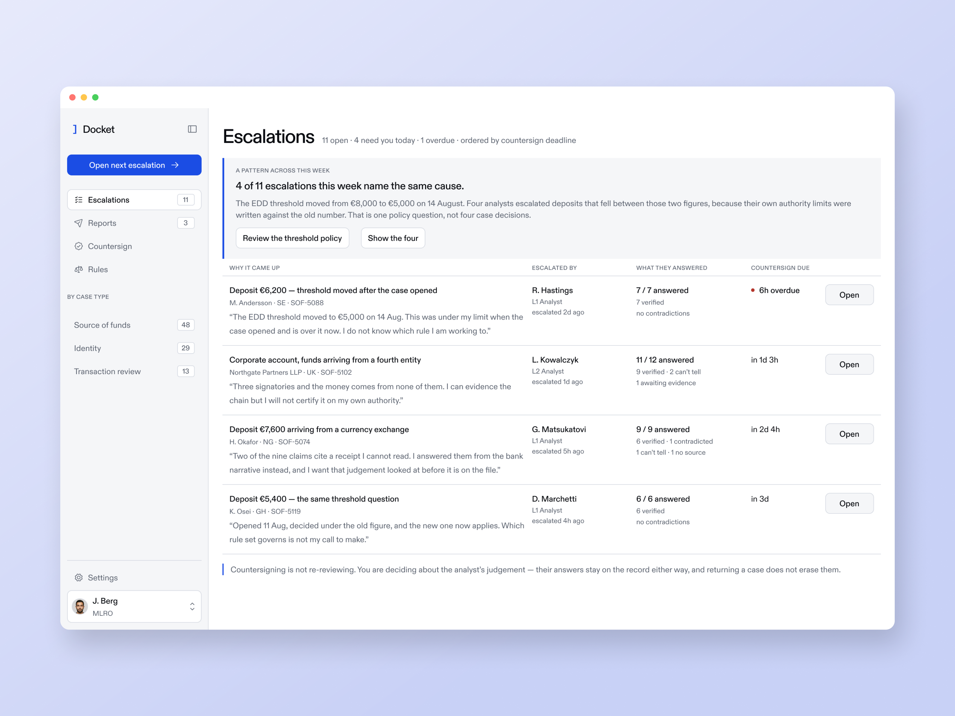 The escalations queue staged in a browser