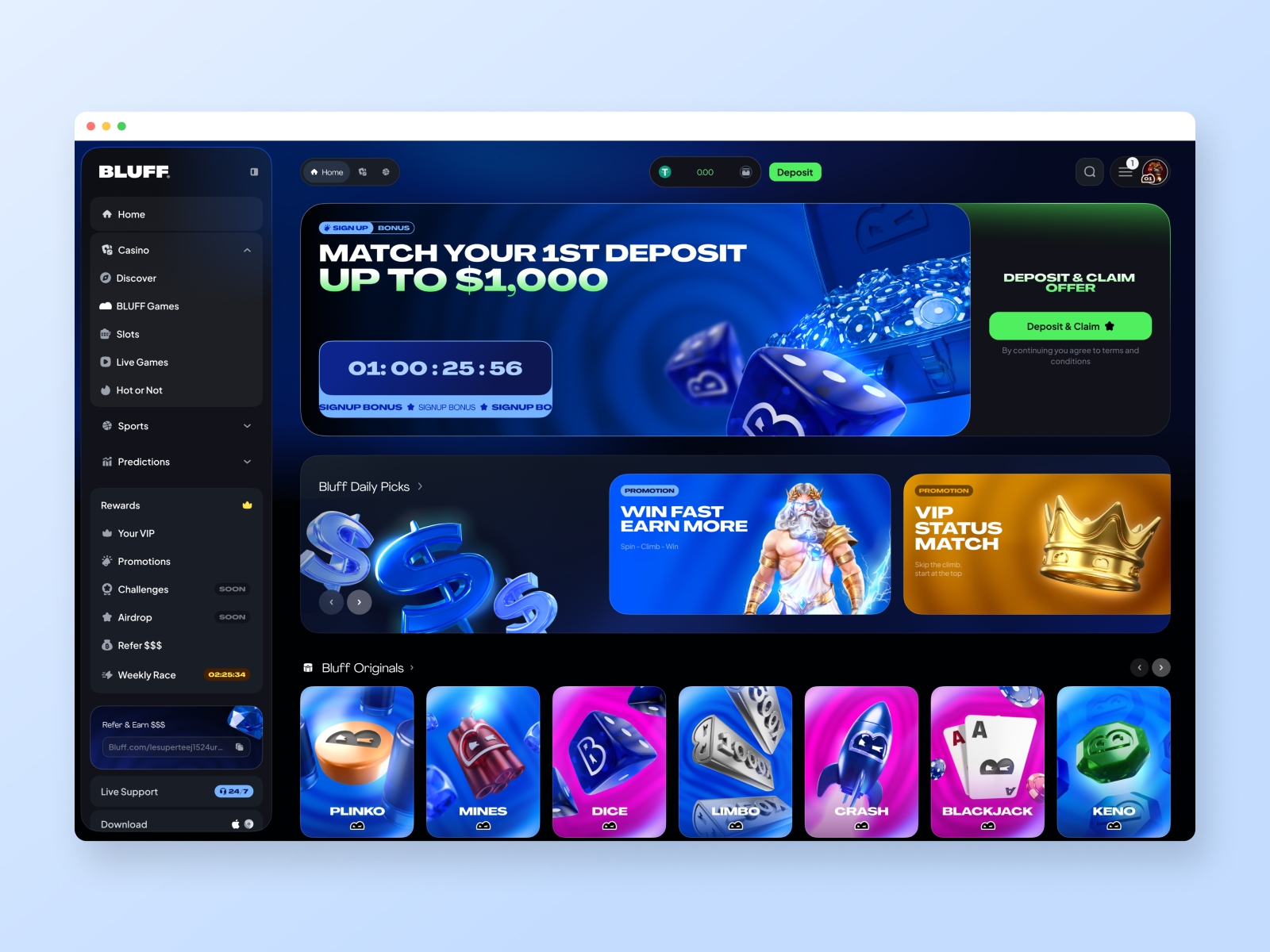 BLUFF casino home staged in a browser: deposit banner, daily picks and the games row