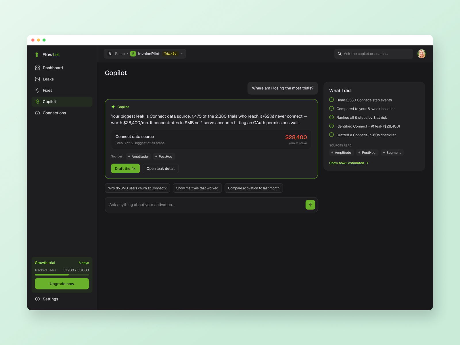 The copilot staged in a browser: an answer with its sources and audit trail listed