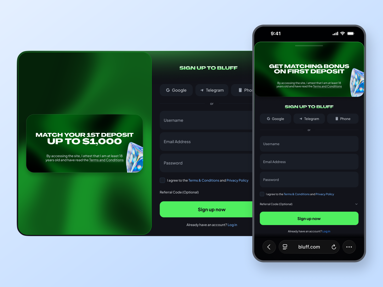 The signup card and form staged in a browser, with the mobile signup on a phone beside it