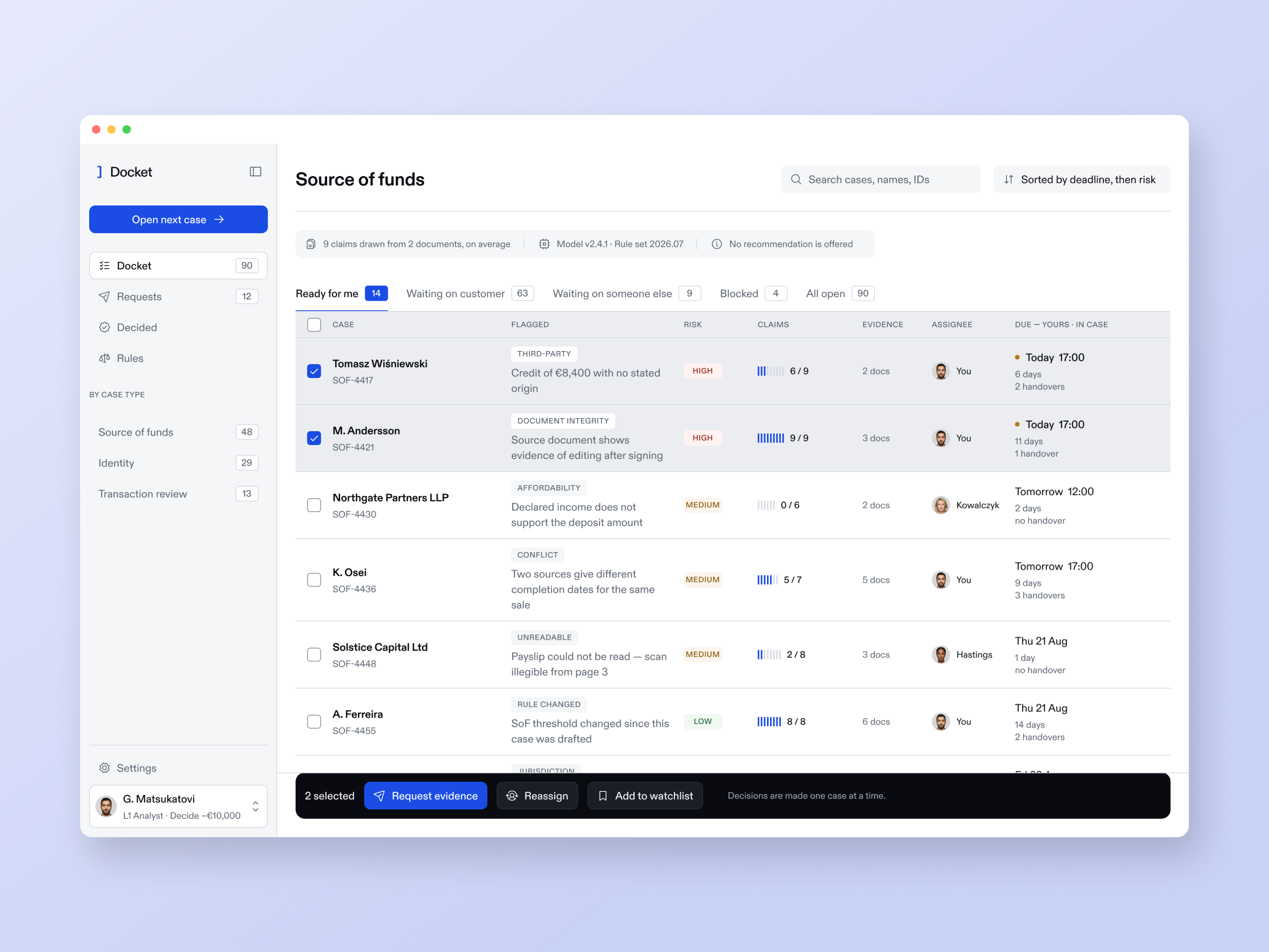 The Docket queue staged in a browser: every case, its flags, and where the work stands