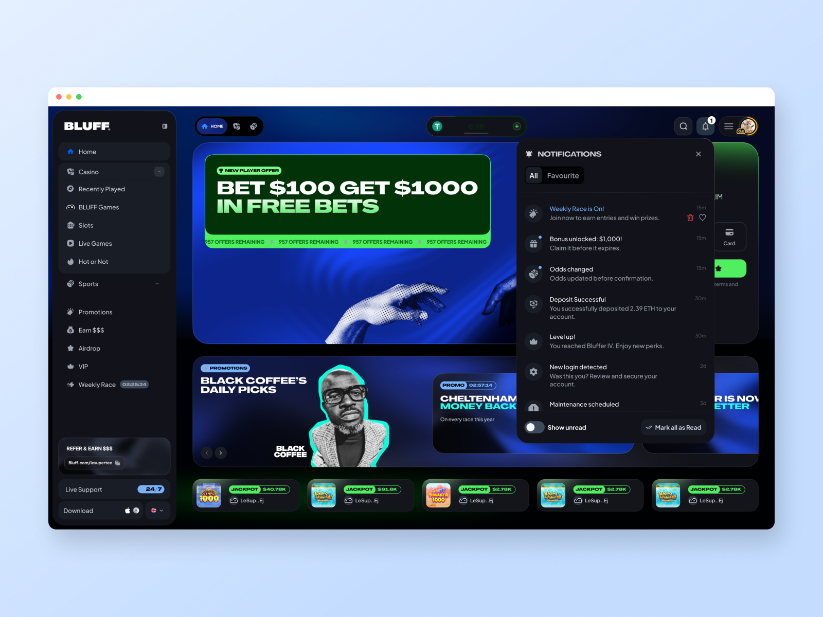 The notifications panel open over the casino home, staged in a browser