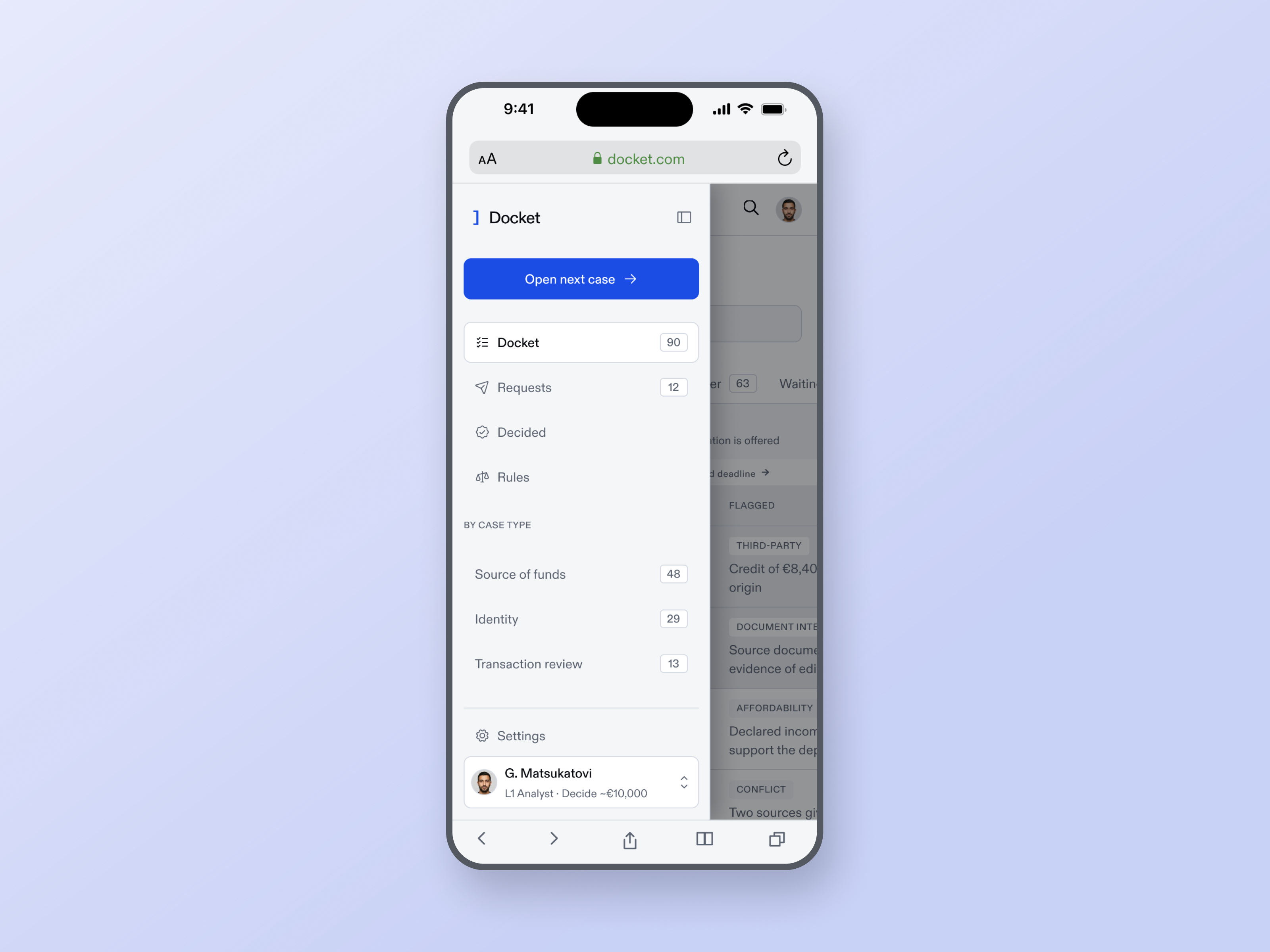 The Docket queue on a phone, staged wide