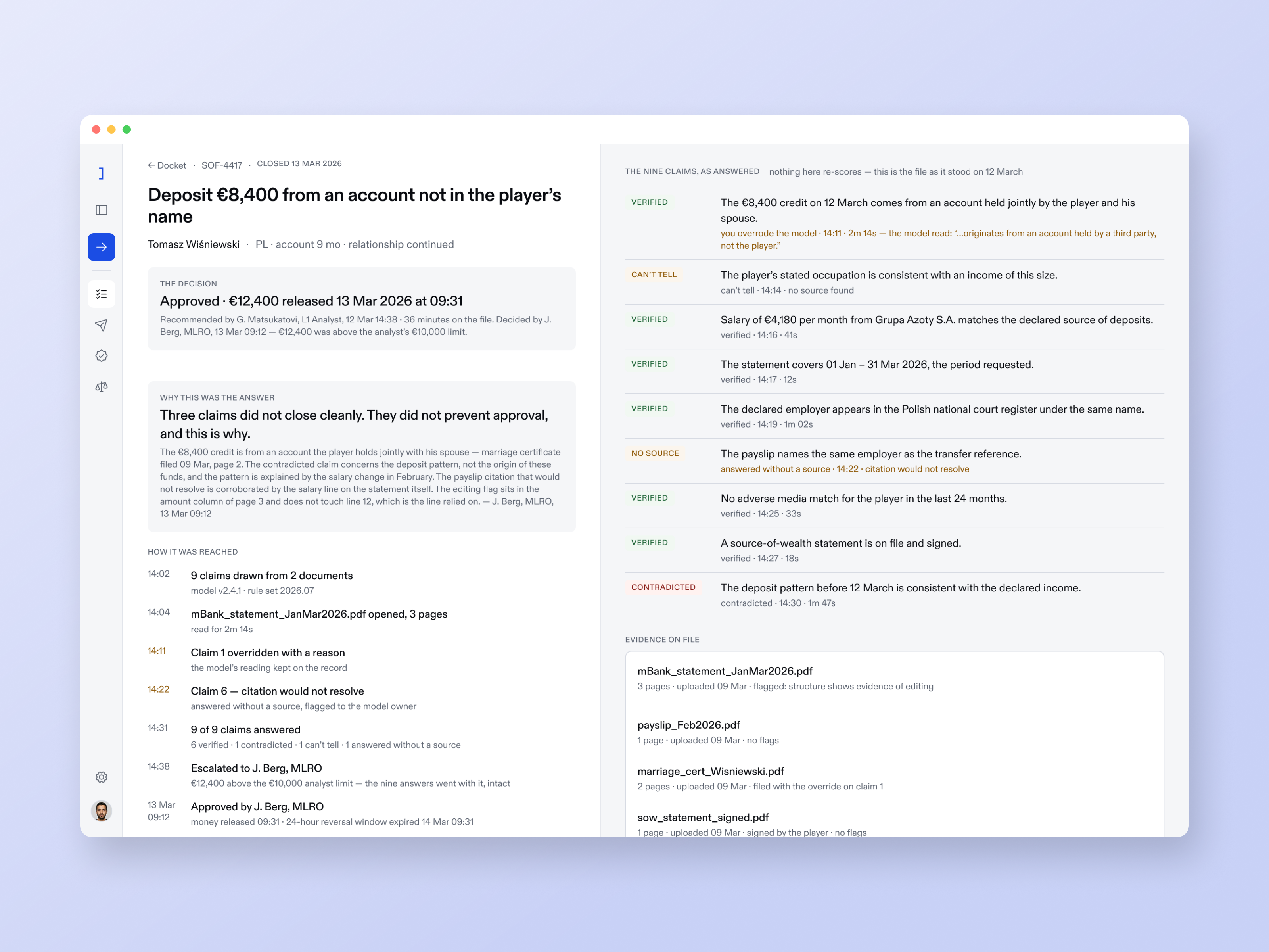 The record view staged in a browser: every claim as answered, with dwell times, sources and who asserted what