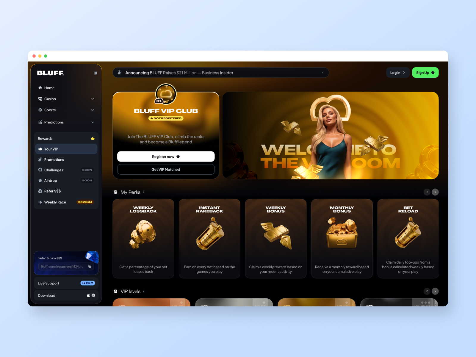 The VIP room staged in a browser: status, perks and progress as plain information