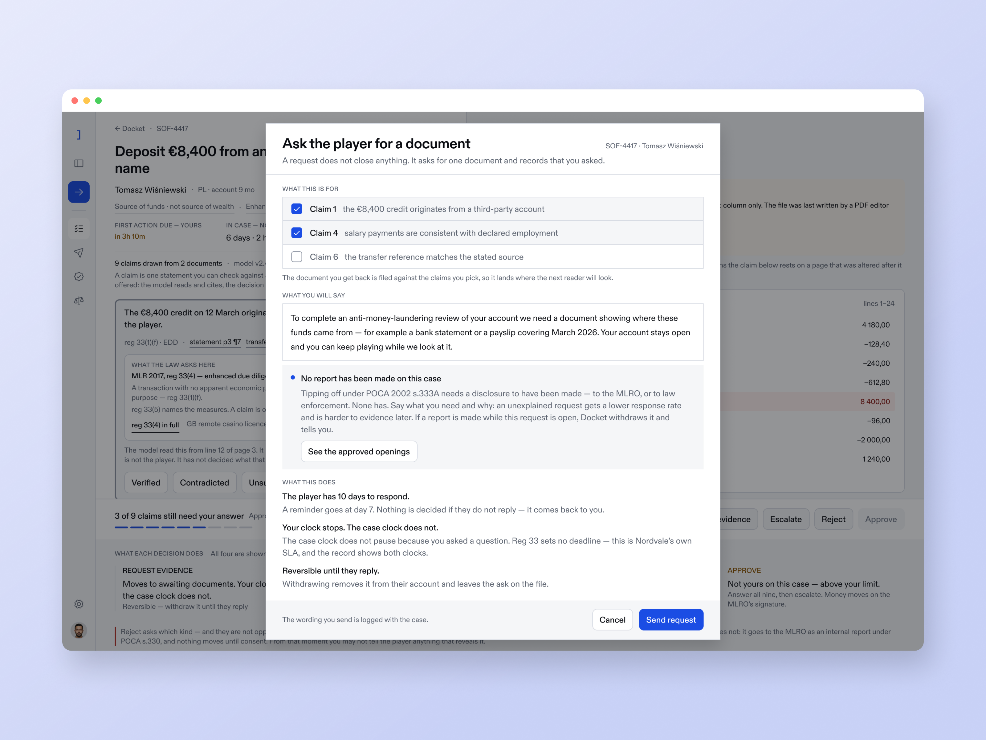 The request-evidence dialog staged in a browser: what it asks, what it does to the clocks, and the tipping-off note