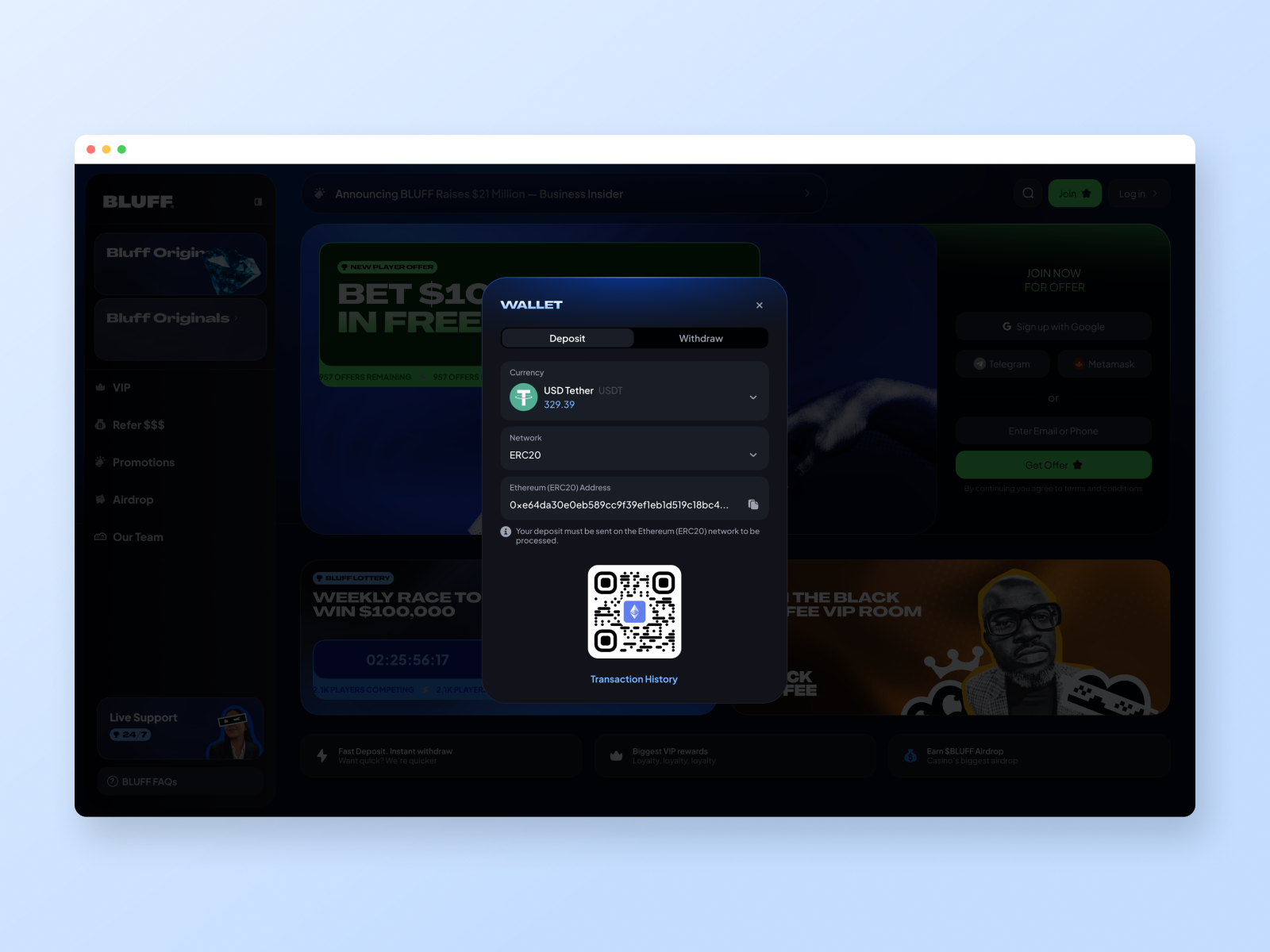 The wallet's deposit sheet over the casino home, staged in a tilted browser: currency, network and address stated flat