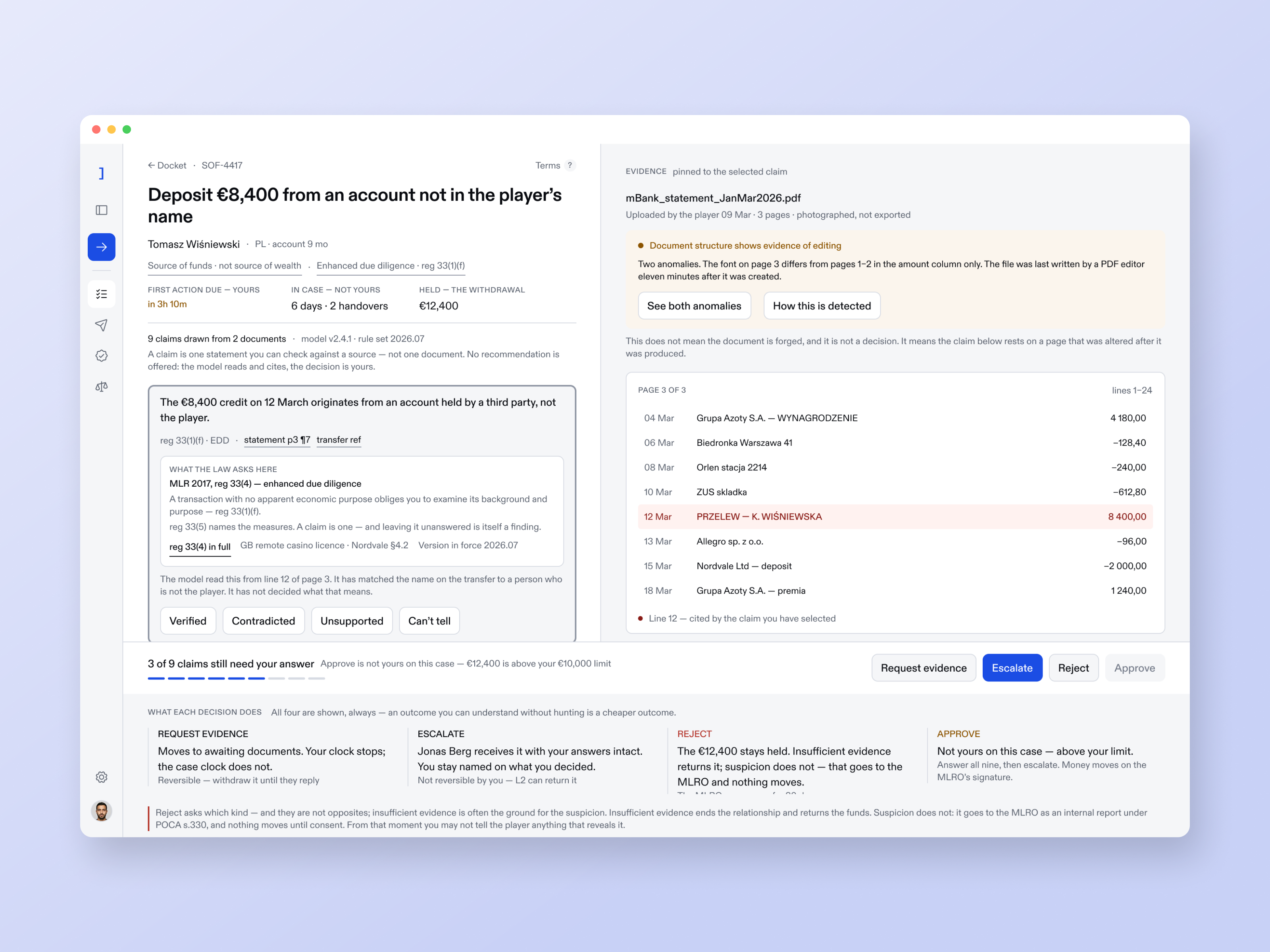 The Docket review view staged in a tilted browser: claims on the left, evidence on the right