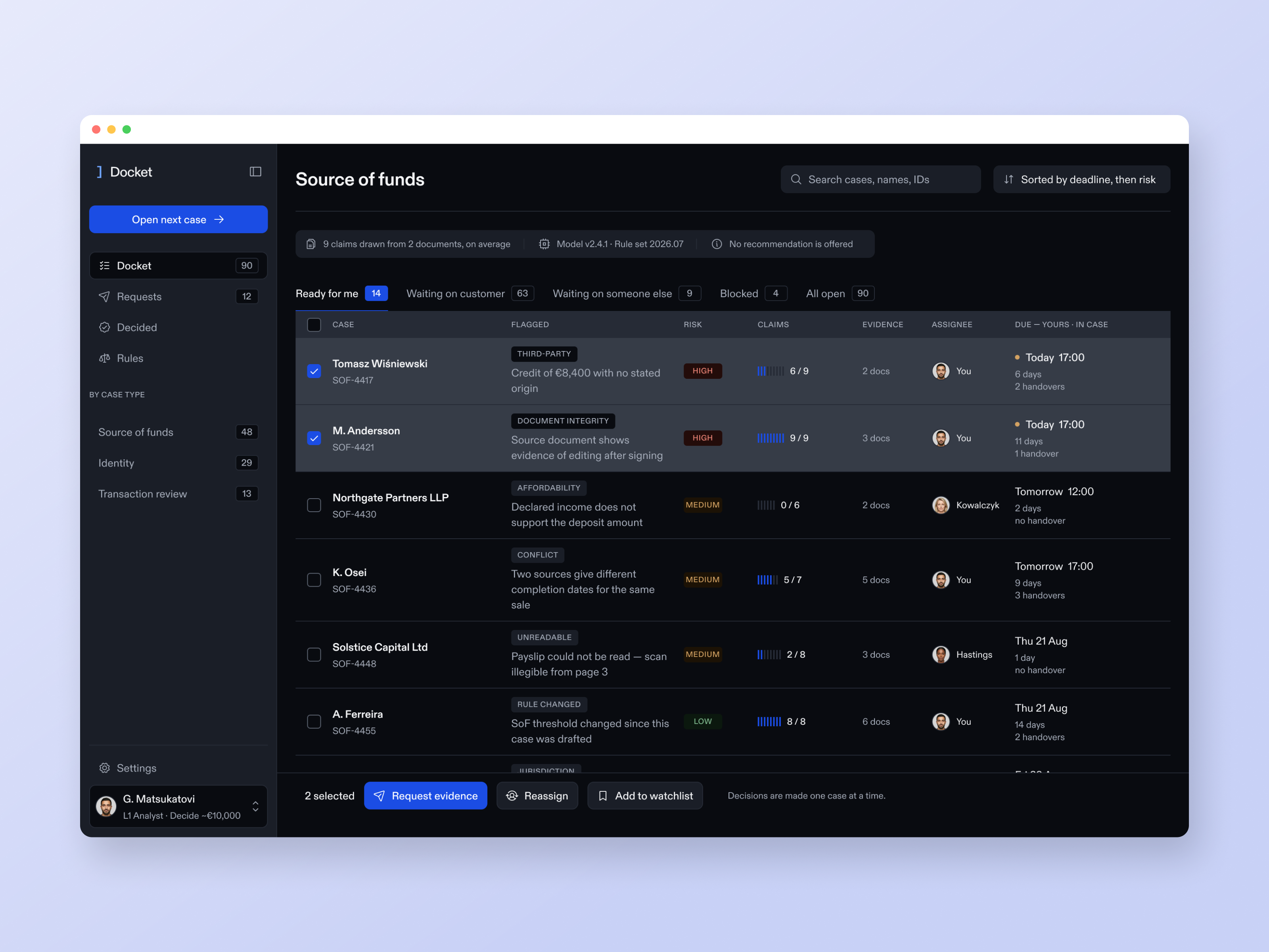 Docket's dark mode staged in a browser: the queue in the ink theme