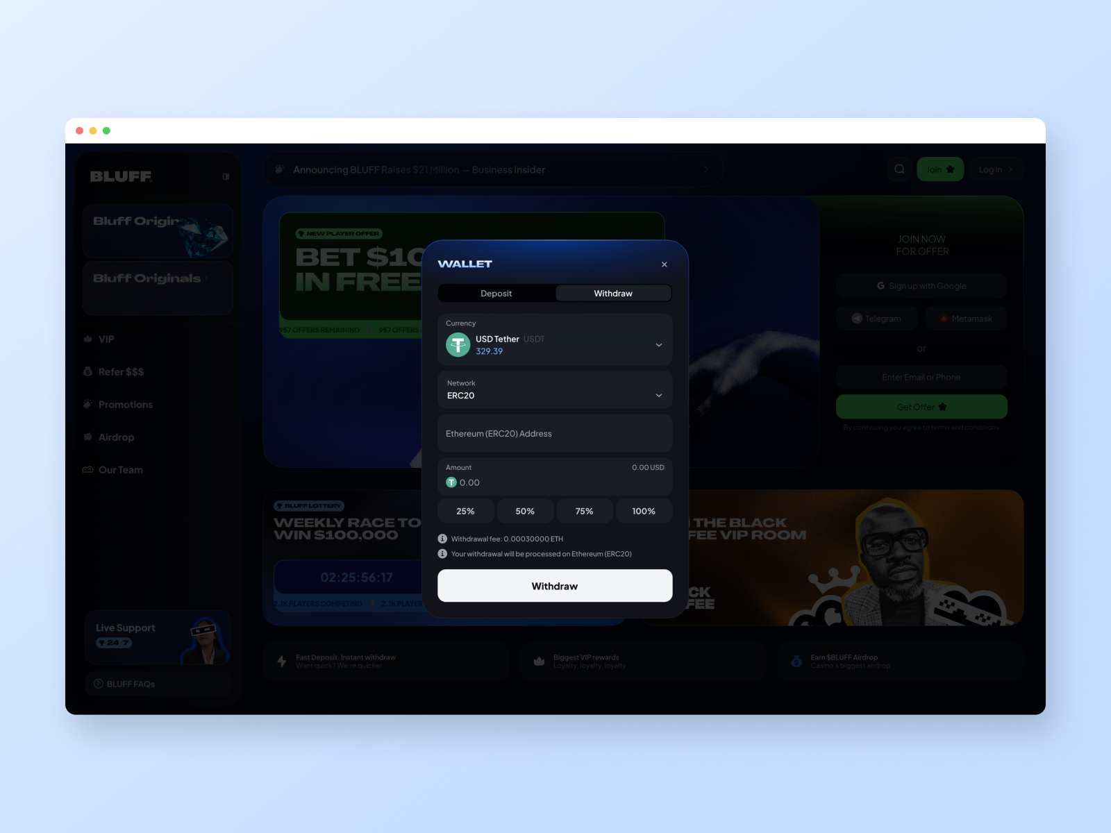 The wallet's withdrawal sheet staged in a tilted browser, mirroring the deposit grammar