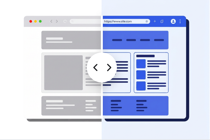 A generic wireframe site turning into the designed version, split by a comparison divider