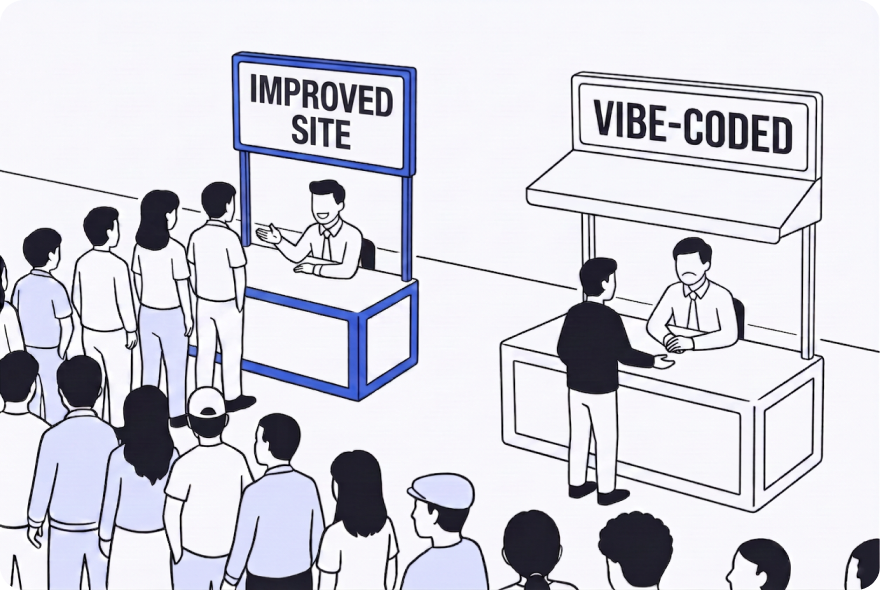 A crowd queues at the booth labelled improved site while the vibe-coded booth stands quiet