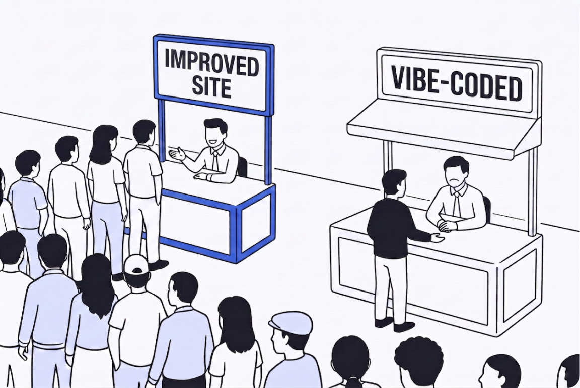 A crowd queues at the booth labelled improved site while the vibe-coded booth stands quiet